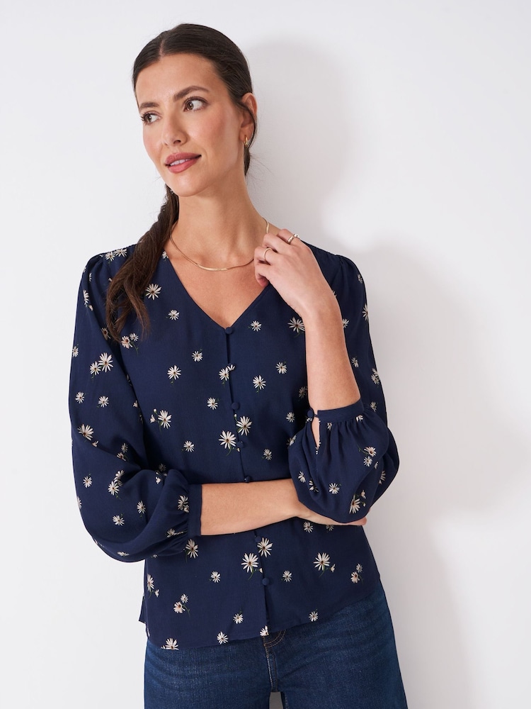 Crew Clothing Blue Lola Tie Back Daisy Print Top - Image 1 of 5 Crew Clothing Blue Lola Tie Back Daisy Print Top - Image 1 of 5