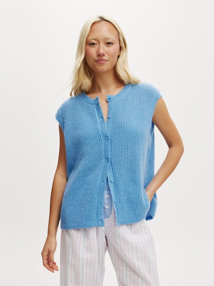 Cotton On Blue Knit Button Up Vest - Image 1 of 5 Cotton On Blue Knit Button Up Vest - Image 1 of 5