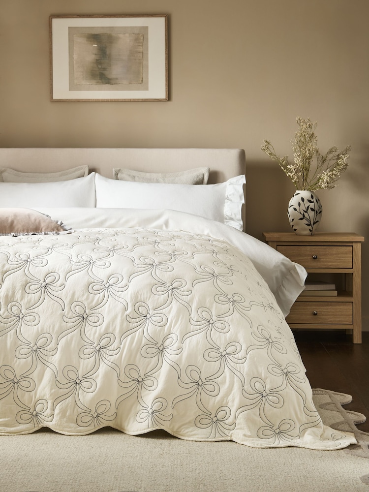 Black/White Embroidered Bow Quilted Bedspread - Image 1 of 7