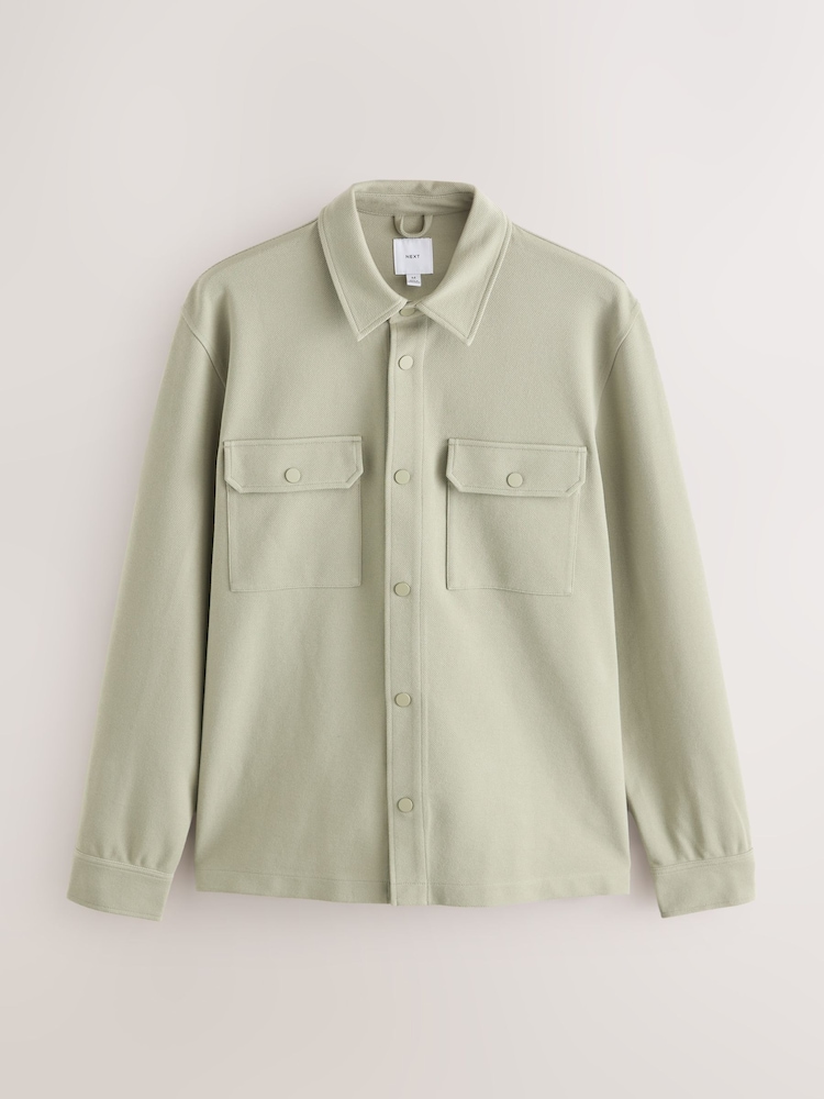 Sage Green Jersey Twill Popper Shacket - Image 1 of 5 Sage Green Jersey Twill Popper Shacket - Image 1 of 5