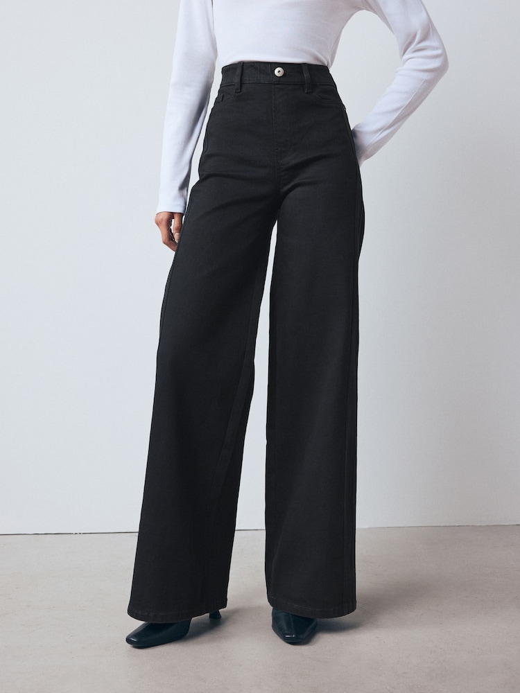 Black High Rise Flexi Fit Pull On Wide Leg Jeans - Image 1 of 10