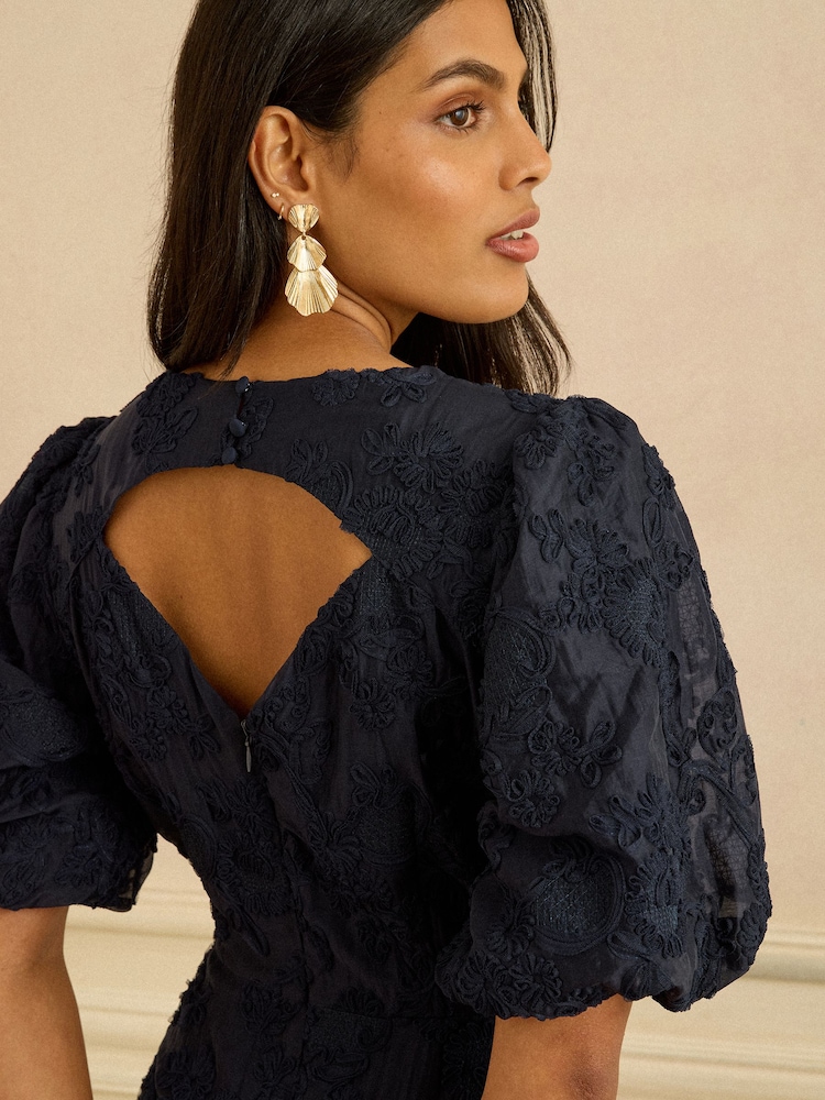 Love & Roses Navy Petite Textured Puff Sleeve Crew Neck Midi Dress - Image 2 of 5 Love & Roses Navy Petite Textured Puff Sleeve Crew Neck Midi Dress - Image 2 of 5