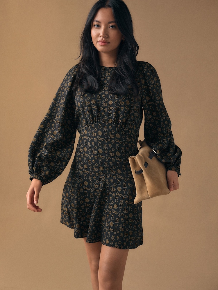 Black Croissant Print Mini Long Sleeve A-Line Seam Detail Dress - Image 1 of 8 Black Croissant Print Mini Long Sleeve A-Line Seam Detail Dress - Image 1 of 8