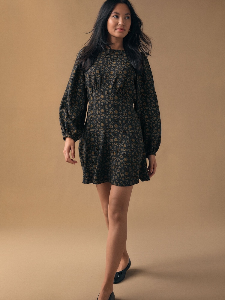 Black Croissant Print Mini Long Sleeve A-Line Seam Detail Dress - Image 2 of 8 Black Croissant Print Mini Long Sleeve A-Line Seam Detail Dress - Image 2 of 8