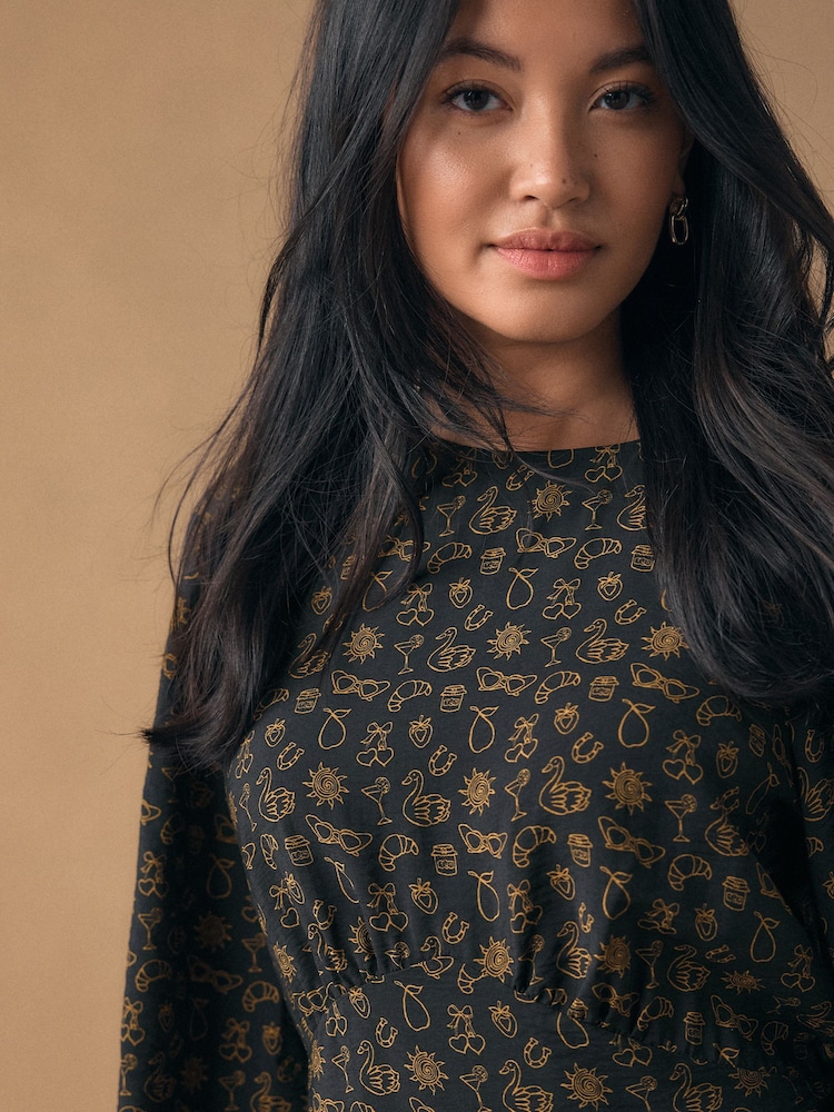 black print dress Black Floral Print Long Sheer Sleeve Short Dress