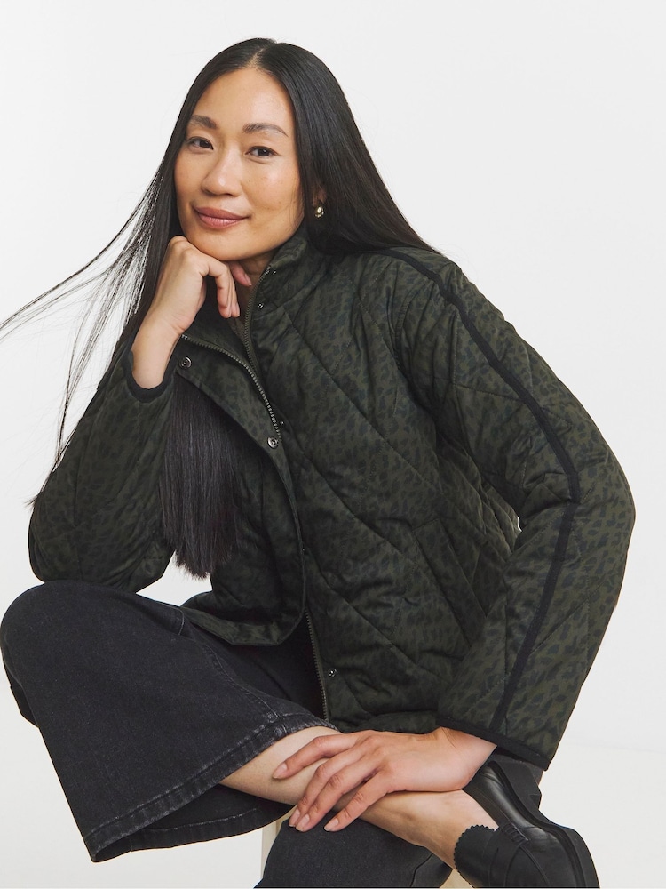 JD Williams Green Animal Print Funnel Neck Short Quilted Jacket - Image 1 of 4