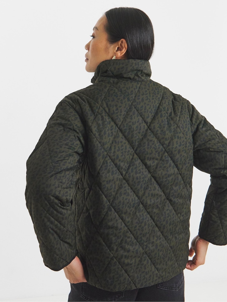 JD Williams Green Animal Print Funnel Neck Short Quilted Jacket - Image 2 of 4