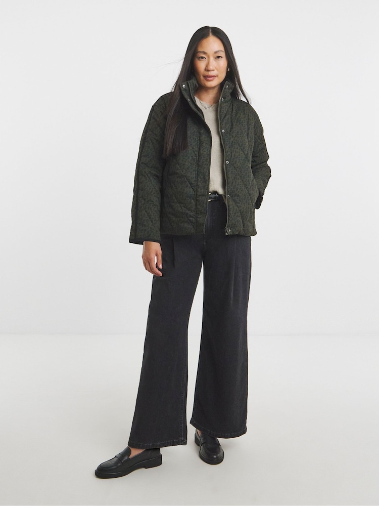 JD Williams Green Animal Print Funnel Neck Short Quilted Jacket - Image 4 of 4