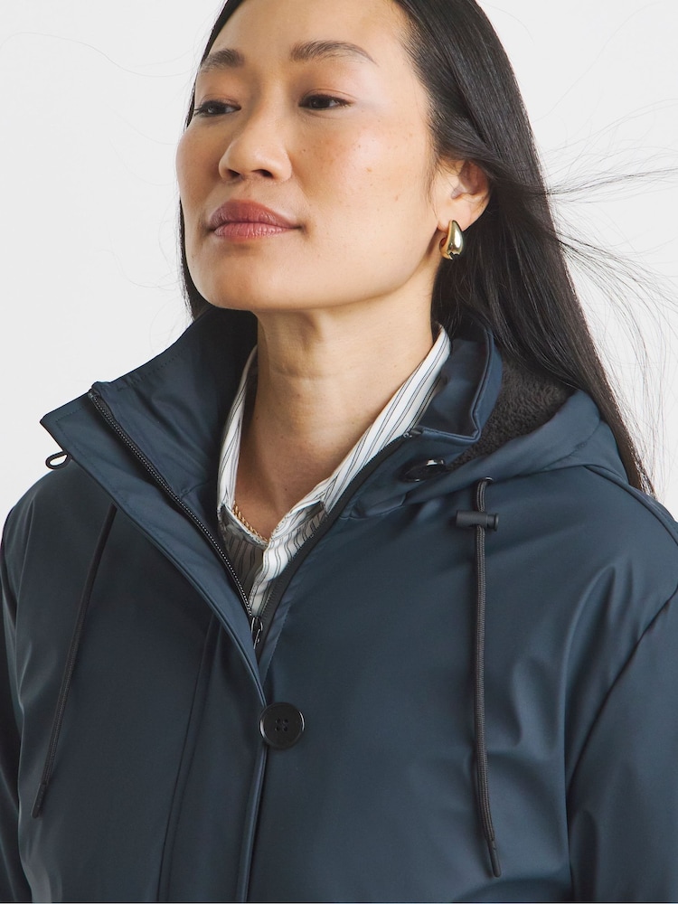 JD Williams Blue Fleece Lined Rubberised Raincoat With Hood - Image 4 of 4