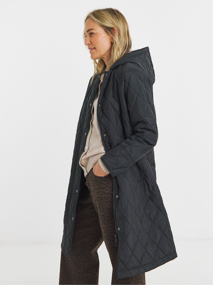 JD Williams Black Shower Resistant Longline Hooded Quilted Coat - Image 1 of 4 JD Williams Black Shower Resistant Longline Hooded Quilted Coat - Image 1 of 4