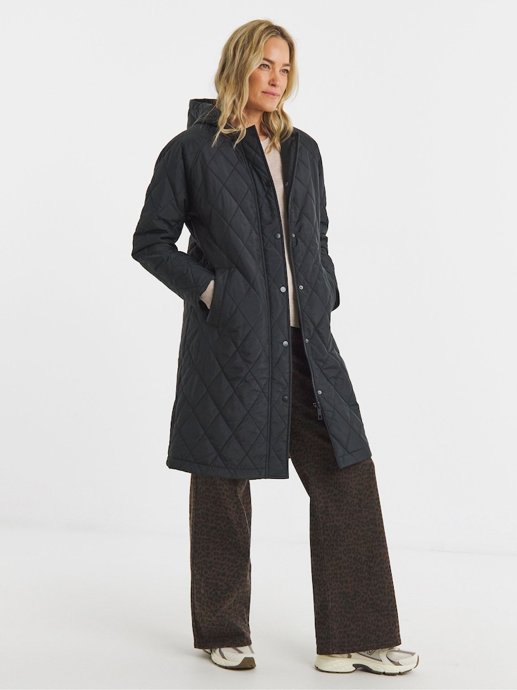 JD Williams Black Shower Resistant Longline Hooded Quilted Coat - Image 4 of 4 JD Williams Black Shower Resistant Longline Hooded Quilted Coat - Image 4 of 4