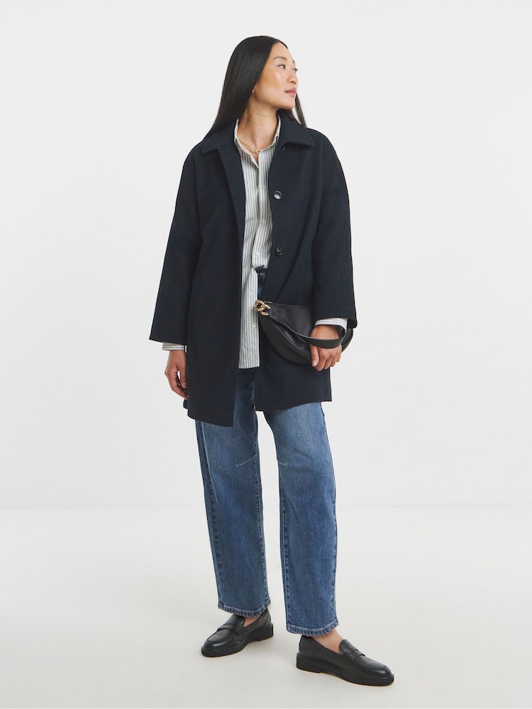 JD Williams Blue High Collar Button Front Lined Coat - Image 1 of 4 JD Williams Blue High Collar Button Front Lined Coat - Image 1 of 4