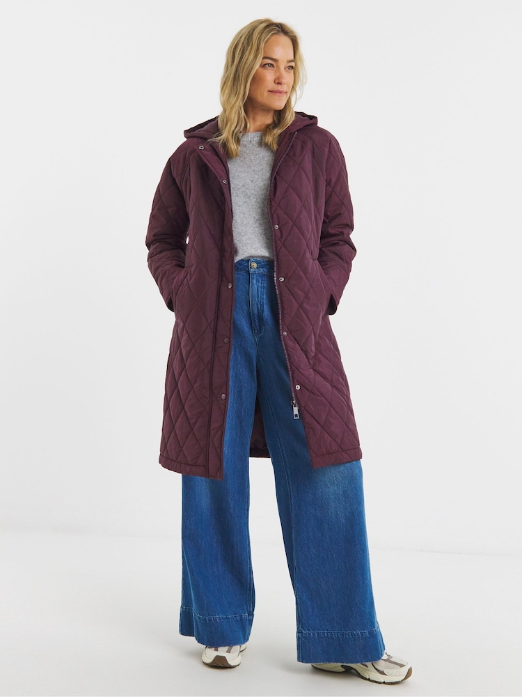JD Williams Red Shower Resistant Longline Hooded Quilted Coat - Image 1 of 4 JD Williams Red Shower Resistant Longline Hooded Quilted Coat - Image 1 of 4