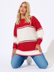 Yours Curve Red Drop Shoulder Stripe Jumper - Image 1 of 5
