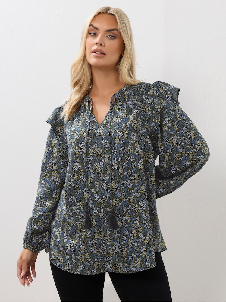 Yours Curve Blue Smock Frill Top - Image 1 of 5