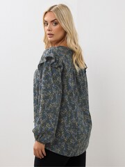 Yours Curve Blue Smock Frill Top - Image 2 of 5