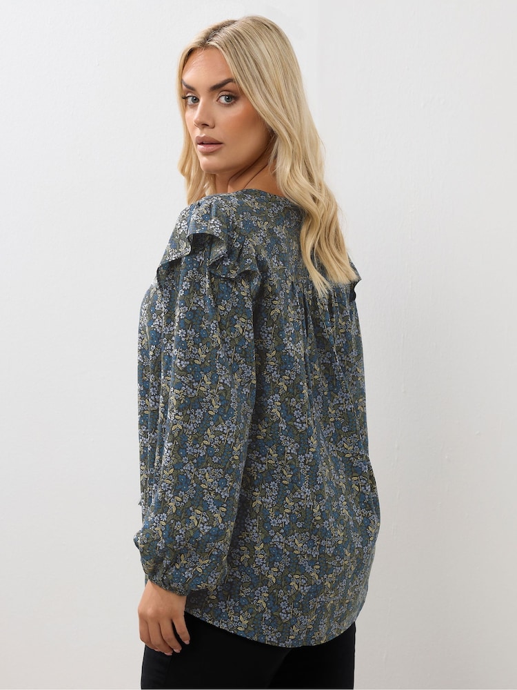 Yours Curve Blue Smock Frill Top - Image 2 of 5