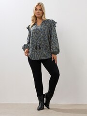 Yours Curve Blue Smock Frill Top - Image 3 of 5