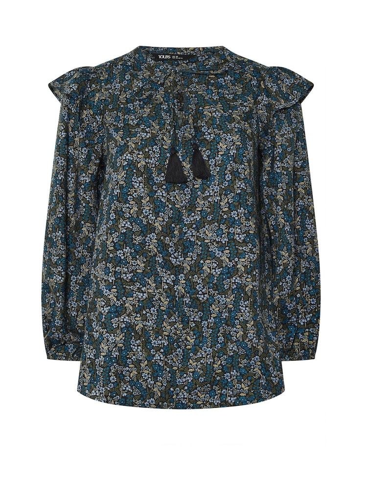 Yours Curve Blue Smock Frill Top - Image 5 of 5