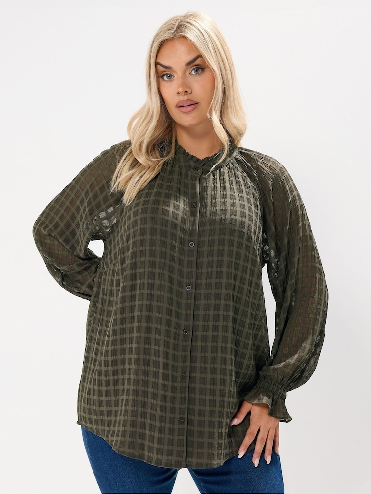 أخضر - Yours Curve Textured Frill Neck Blouse - صورة 1 من 6