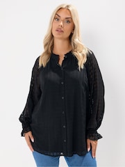 أسود - Yours Curve Textured Frill Neck Blouse - صورة 1 من 6