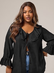 Yours Curve Black Ruffle Tie Front Cover-Up - Image 1 of 6