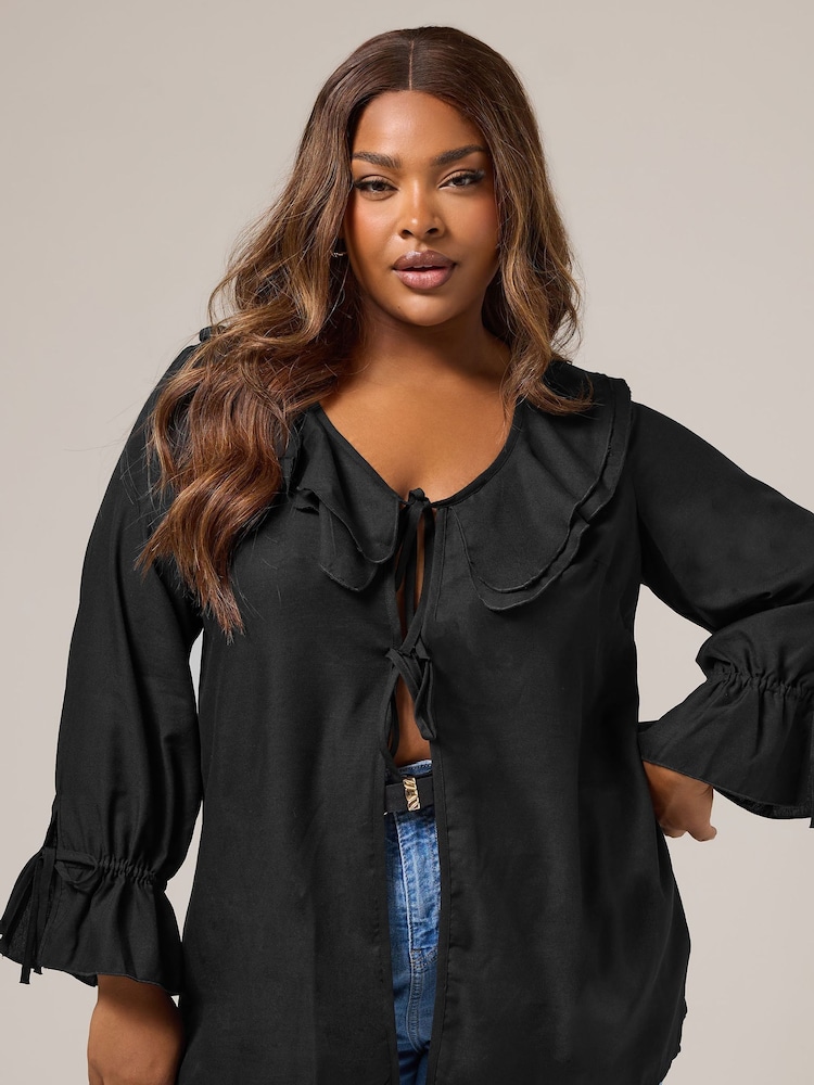 Yours Curve Black Ruffle Tie Front Cover-Up - Image 1 of 6