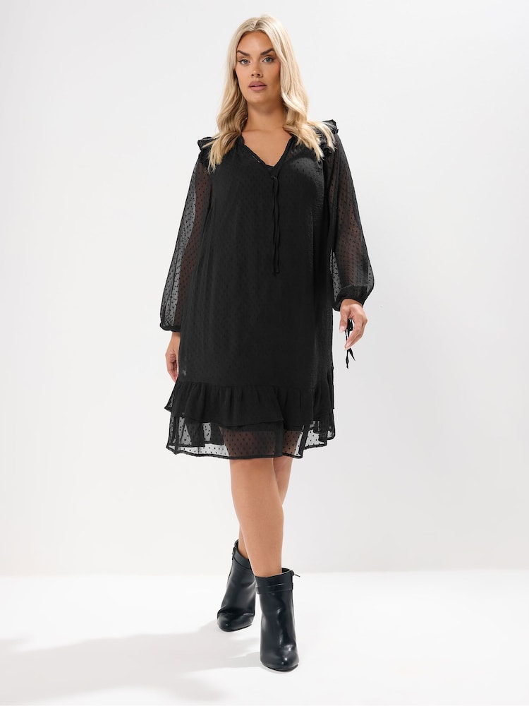 Yours Curve Black Smock Dobby Dress - Image 2 of 6