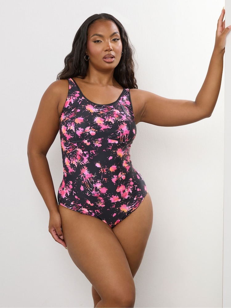 Yours Curve Pink Splash Active Swimsuit - Image 1 of 6