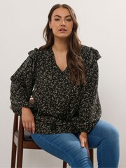 Yours Curve Black Smock Frill Top - Image 1 of 5