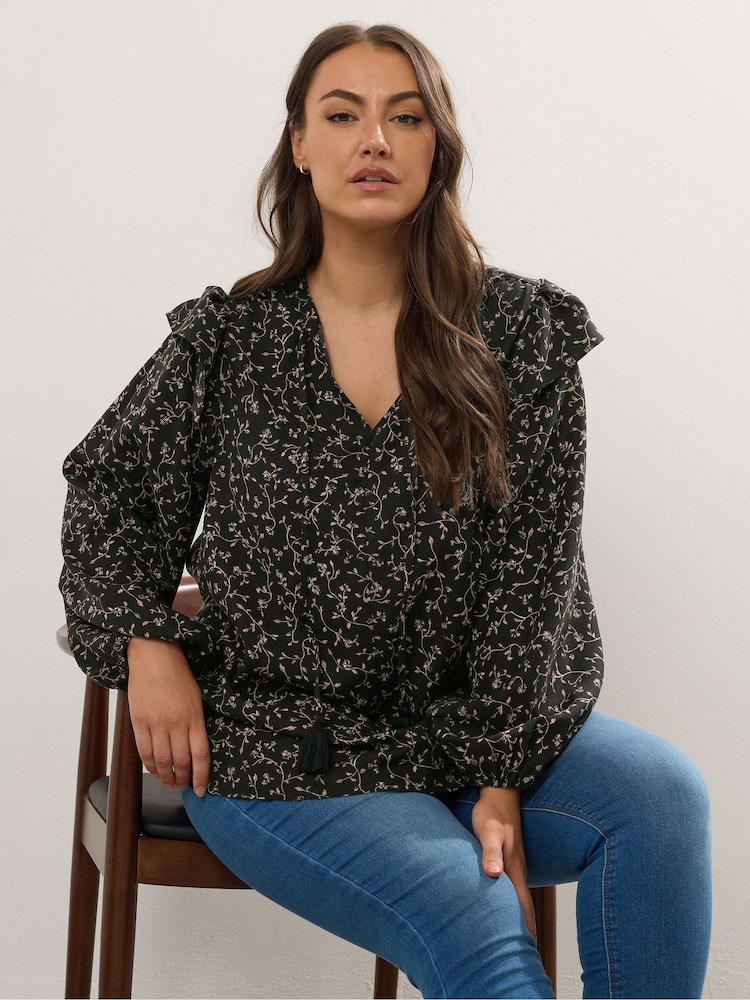 Yours Curve Black Smock Frill Top - Image 1 of 5