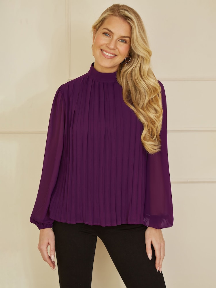 Yumi Purple Pleated Long Sleeve Top With High Neck - Image 1 of 5