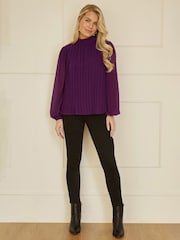 Yumi Purple Pleated Long Sleeve Top With High Neck - Image 2 of 5