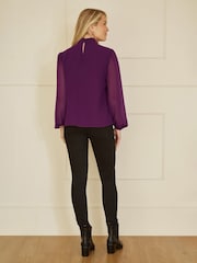 Yumi Purple Pleated Long Sleeve Top With High Neck - Image 3 of 5