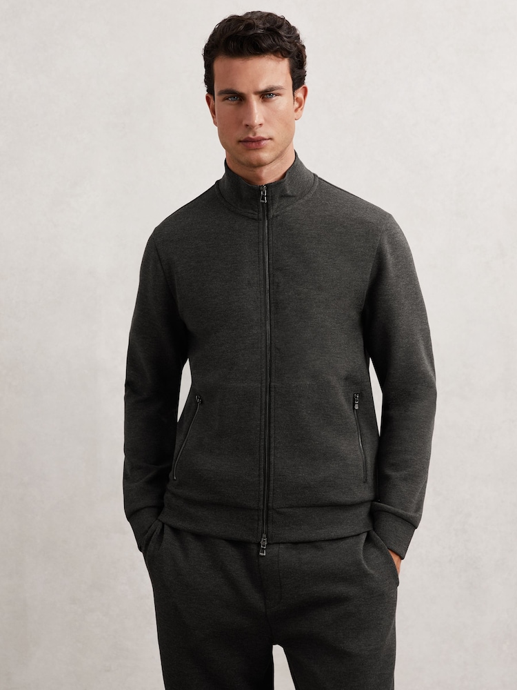 Reiss Charcoal Cortona Double-Faced Jersey Zip Sweatshirt - Image 1 of 7