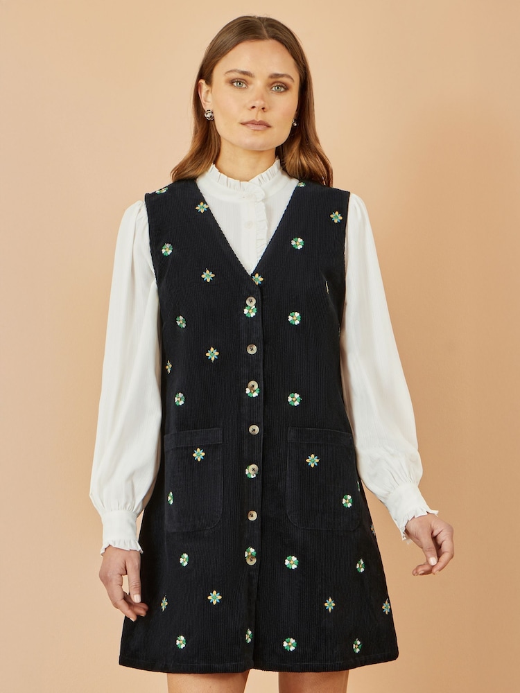 Yumi Black Flower Embroidered Button-Up Pinafore Dress - Image 1 of 5