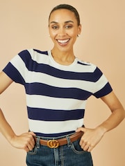 Yumi Blue Block Stripe Knitted Top With Button Details - Image 1 of 1