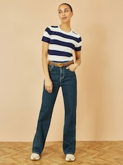 Yumi Blue Block Stripe Knitted Top With Button Details - Image 2 of 4