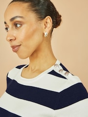Yumi Blue Block Stripe Knitted Top With Button Details - Image 3 of 4