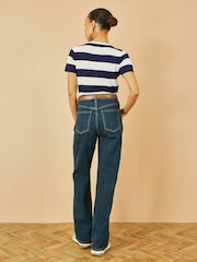 Yumi Blue Block Stripe Knitted Top With Button Details - Image 4 of 4