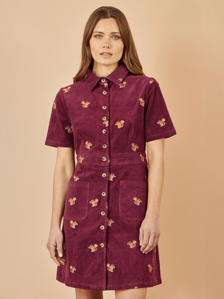 Yumi Red Cord Shirt Dress With All Over Squirrel Embroidery - Image 1 of 5