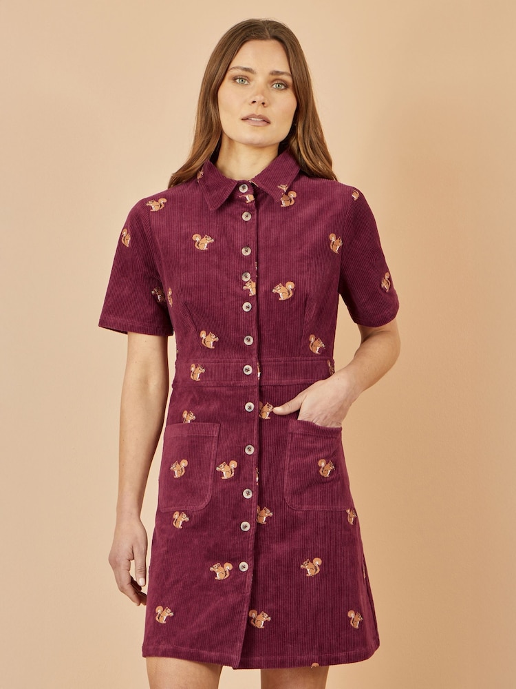 Yumi Red Cord Shirt Dress With All Over Squirrel Embroidery - Image 2 of 5 Yumi Red Cord Shirt Dress With All Over Squirrel Embroidery - Image 2 of 5