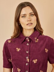 Yumi Red Cord Shirt Dress With All Over Squirrel Embroidery - Image 5 of 5