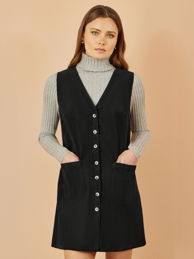 Yumi Black Cord Button Through Pinafore Dress With Pockets - Image 1 of 4 Yumi Black Cord Button Through Pinafore Dress With Pockets - Image 1 of 4