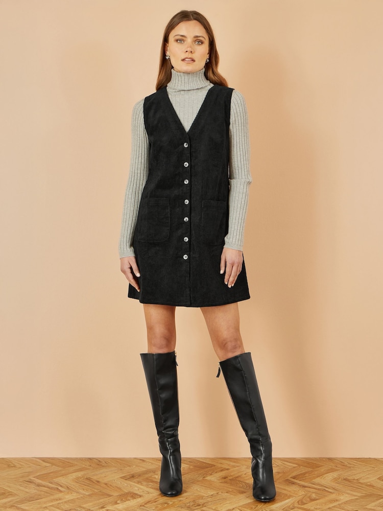 Yumi Black Cord Button Through Pinafore Dress With Pockets - Image 2 of 4