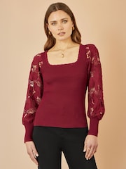 Yumi Red Ribbed Knitted Top With Lace Sleeves - Image 1 of 1