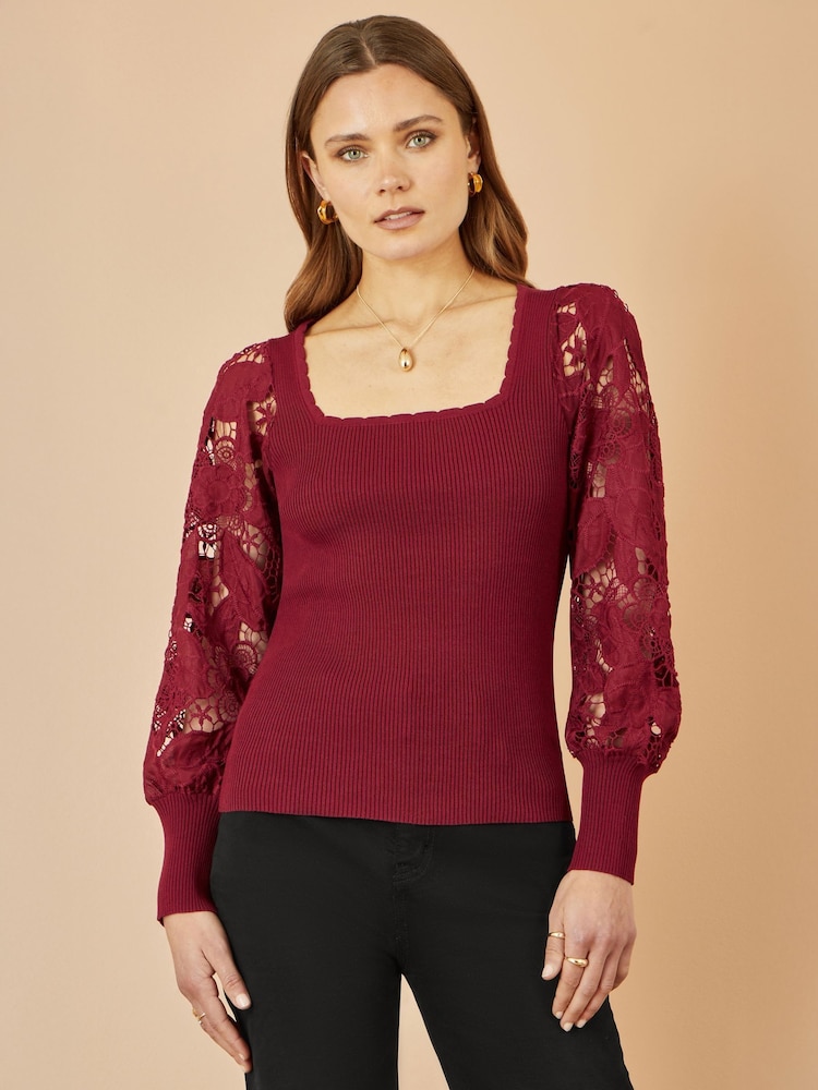 Yumi Red Ribbed Knitted Top With Lace Sleeves - Image 1 of 1