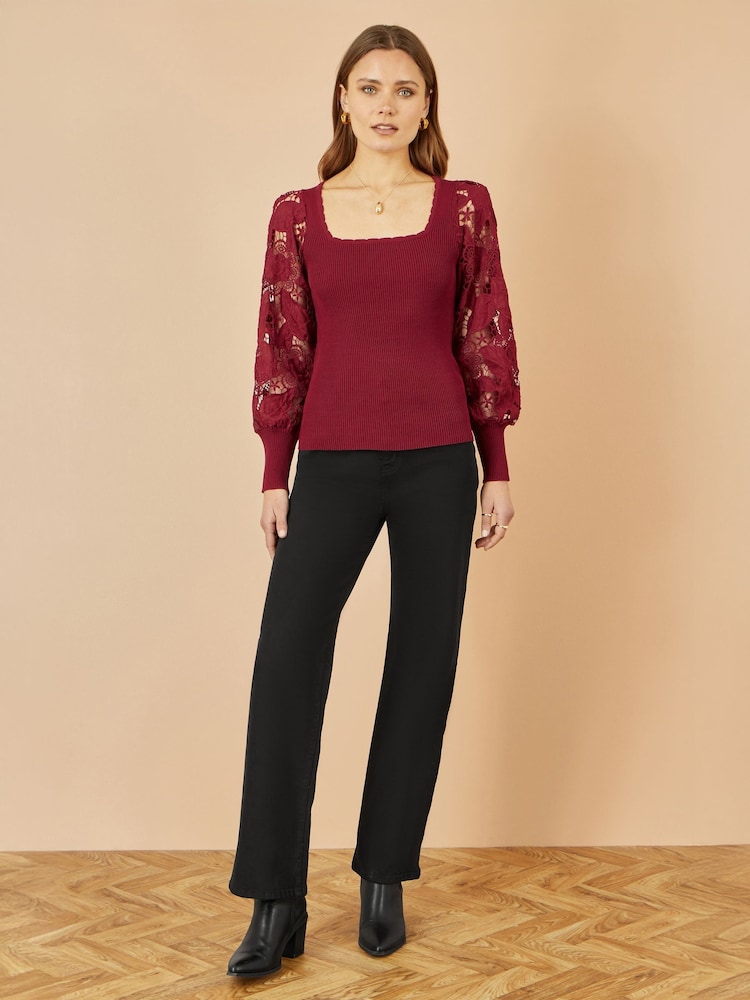 Yumi Red Ribbed Knitted Top With Lace Sleeves - Image 2 of 5 Yumi Red Ribbed Knitted Top With Lace Sleeves - Image 2 of 5