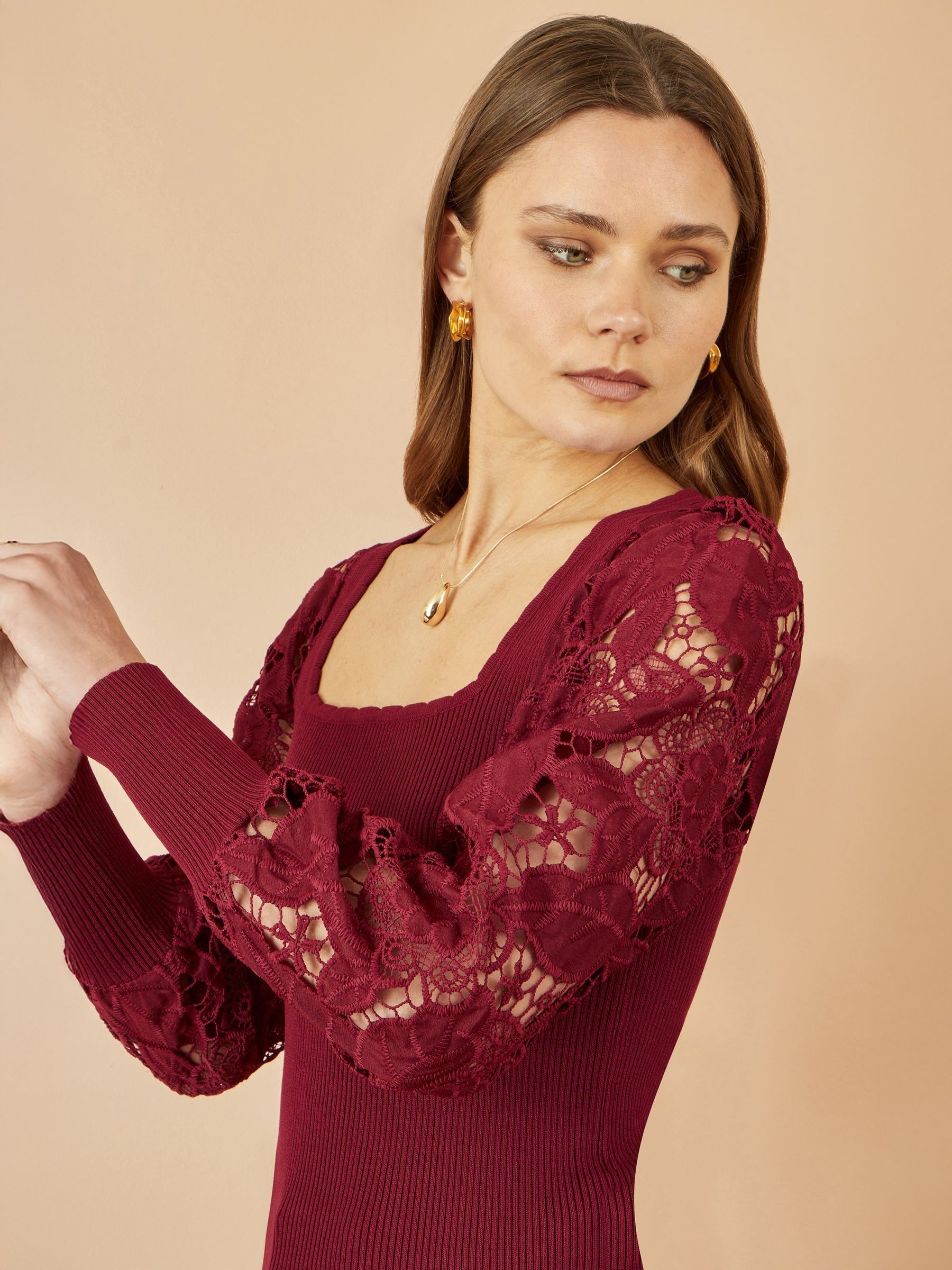 Buy Yumi Red Ribbed Knitted Top With Lace Sleeves from Next Italy