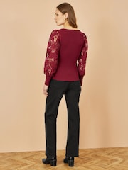 Yumi Red Ribbed Knitted Top With Lace Sleeves - Image 4 of 5